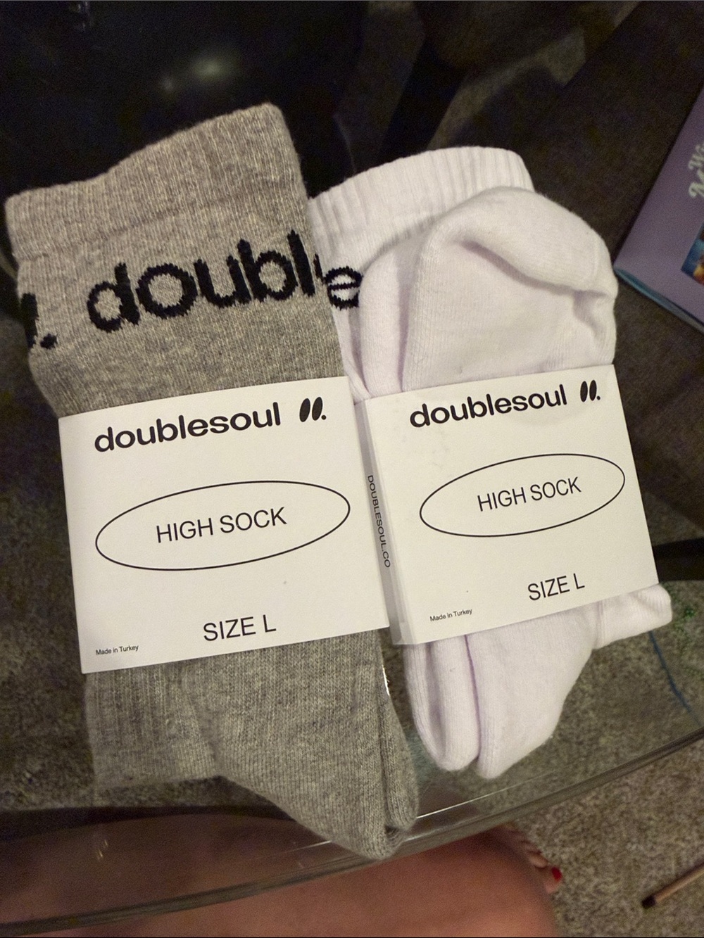 DOUBLESOUL High Socks - Gray & White, Size L